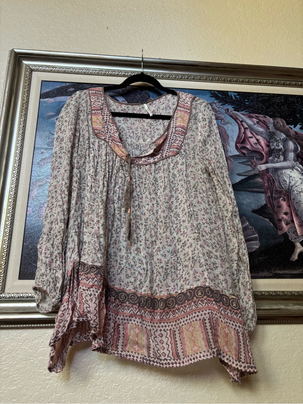 Free People Blush Floral Boho Tunic with Tassel Tie
